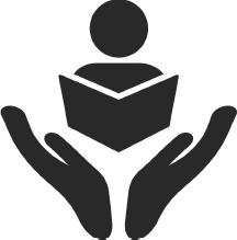 Two open hands holding a person with a book